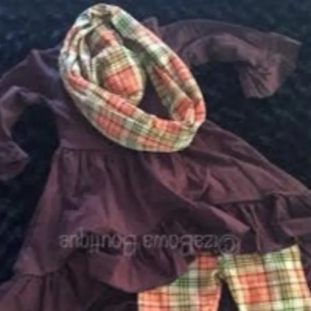 ***** Brown Hi/Lo Shirt with Plaid Pants 3 pc Set  1227XS  XS 2T  NWT Boutique
